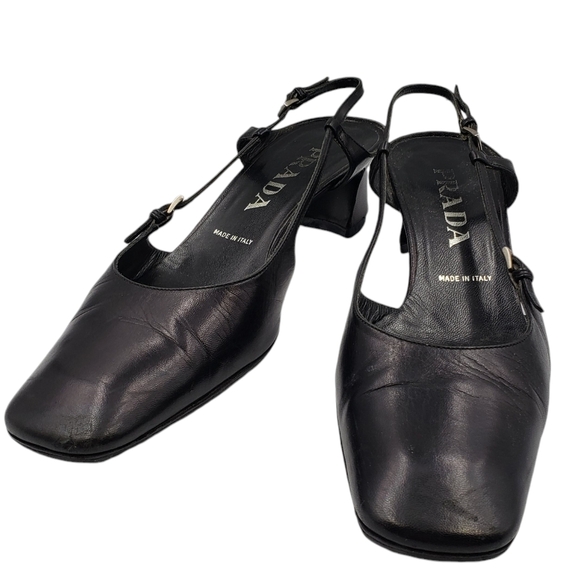 Prada Shoes - Vintage Prada Black Leather Slingback Low Heel Square Toe Shoes SZ 37.5 RESOLED